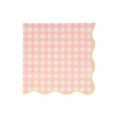 Gingham paper lunch size napkin in a pack of twenty napkins in four pastel color combinations. Blue, Pink, Peach and Yellow with a scalloped boarder.