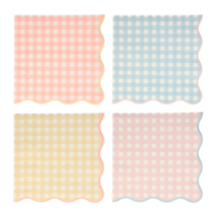 gingham napkins in a pack of twenty napkins in four pastel colors. Pink with blue border, pink with a blue border, yellow with a pink border and peach with a yellow border, all with a scalloped edge. great for baby shower or any spring or summer celebration.