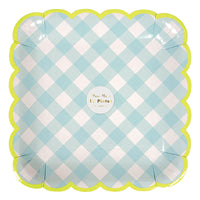 blue gingham in blue shades with a scolloped border in neon green