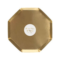 Pack of eight high-quality gold foil plates in an octagonal shape, gold on both front and back of plate.