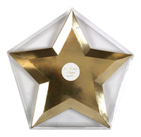 Shiny gold foil star shaped plates packaged in a clear box. High quality beautiful plates