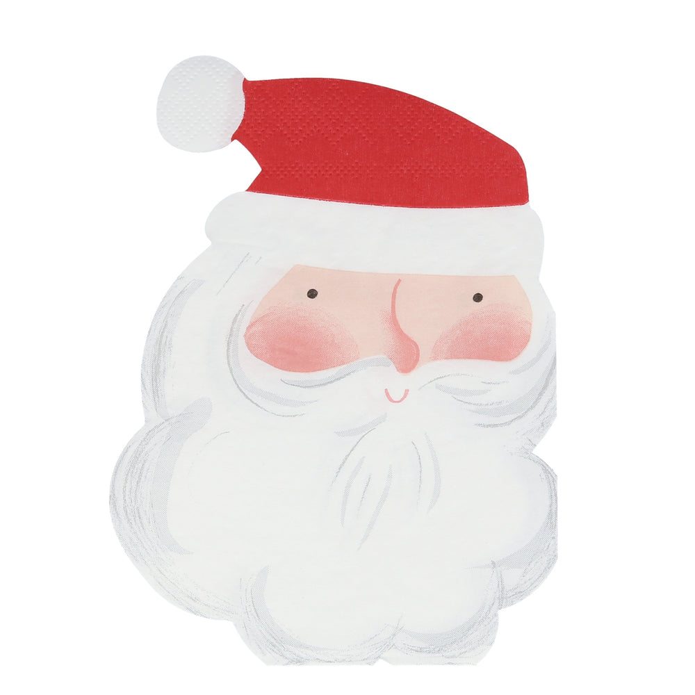 Nostalgic, yet smart, these Jolly Santa face napkins set a cheerful tone for any Christmas gathering. Exceptionally designed and crafted die cut Santa head,  Gold foil detail. Made from eco-friendly paper. Pack of 20. Folded dimensions 4.6 by 6.3 inches