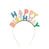 multicolor happy birthday letters made of enamel on a shiny gold headband, happy birthday letters in blue, pink, coral, peach, yellow, white and green enamel 