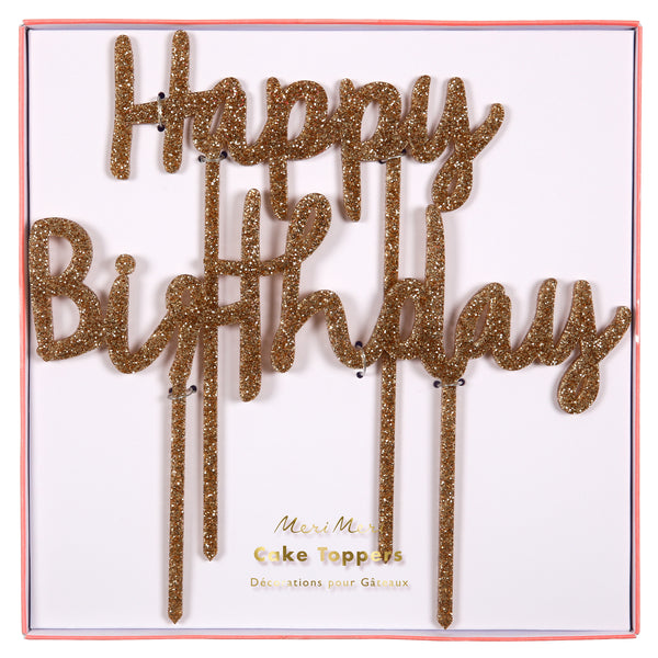 Gold glitter acrylic Happy Birthday cake topper that is a very chic way to top off that very special birthday cake. Two pieces included one spelling happy and the other spelling birthday. Good for more than one use, handle with care when cleaning and storing.