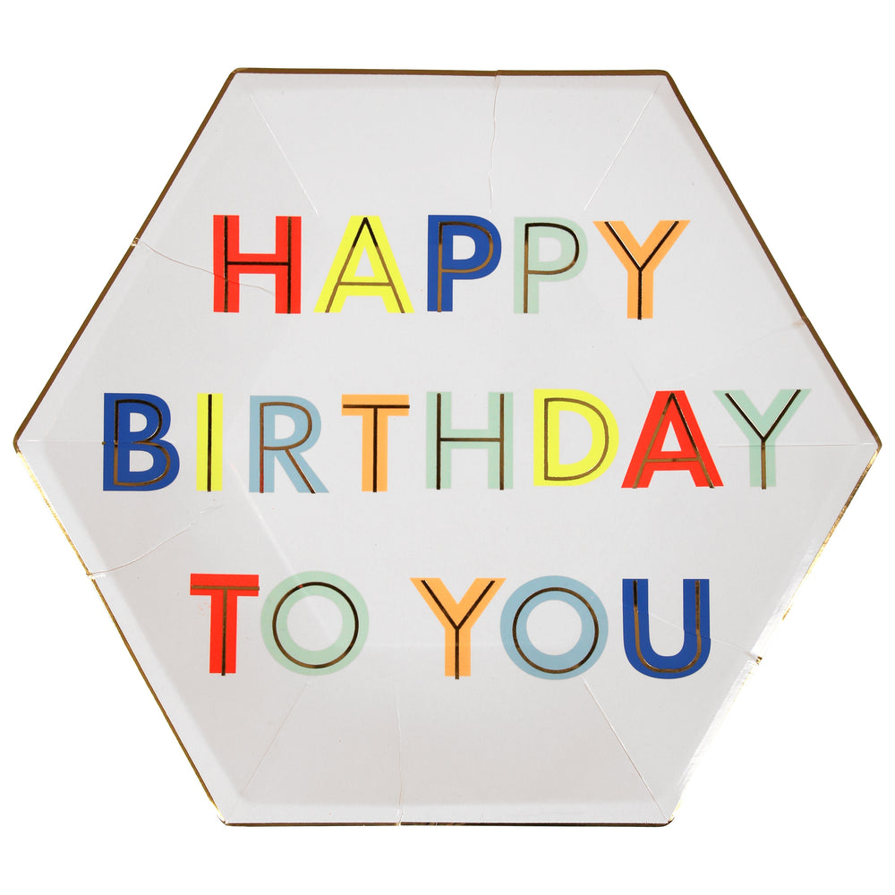 six sided octagon shaped plates with colorful words printed in the center of the plate spelling out happy birthday to you. large size plate in a set of eight 