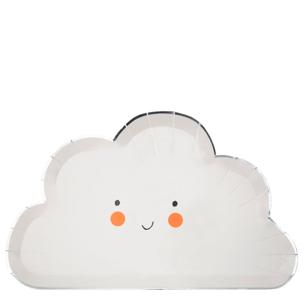 Fluffy white cloud shaped plates with a happy smile and bright cheeks and a shiny silver border