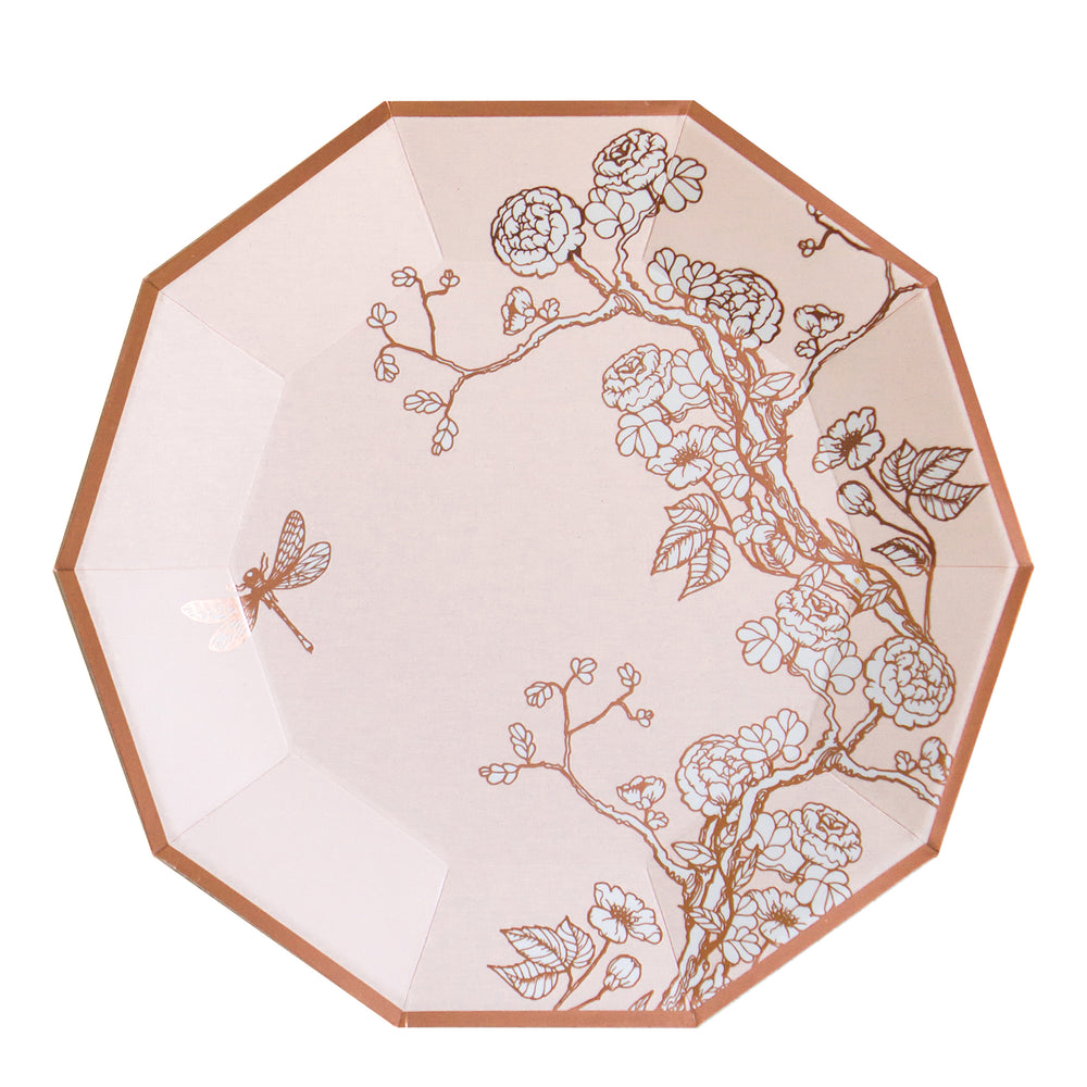 Inspired by chinoiserie art, this Jardin collection of high quality disposable tableware is a soft and dreamy pale pink with a shiny rose gold motif, these plates add an elegant vibe to your bridal showers, birthday, tea parties, and all special occasions alike.