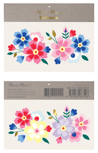 Bright floral print temporary tattoos in yellow, blue, pink and lavender, packaged in a set of two sheets.