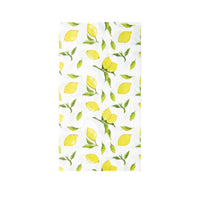 white with bright yellow and green lemon print paper napkins, for use as dinner napkins or guest towels folded size 4.25 x 7.75 inches