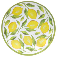 10 inches diameter large dinner plate with lemon print in yellow lemons and green  leaves. border of plate is wavy and plates are disposable for ease of entertaining.