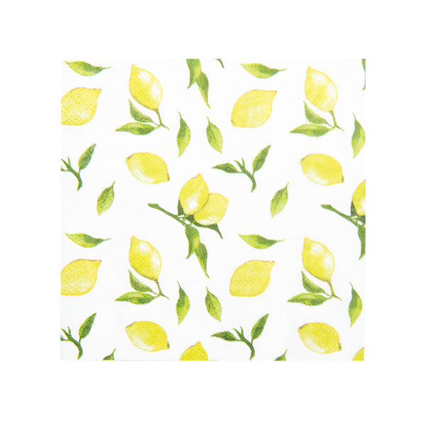 white cocktail and beverage sized napkins with a lemon print in yellow and green perfect for spring and summer parties and events. 
