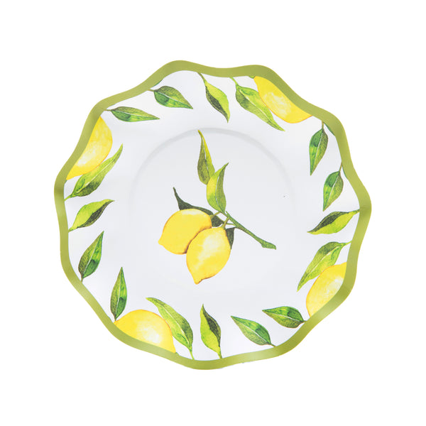 bright yellow and green lemon print on white paper bowl  with a green trim  border and large set of lemons printed in center  of bowl.