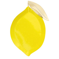 bright yellow paper plates are die-cut into the shape of a lemon and highlighted with a shiny gold foil leaf.