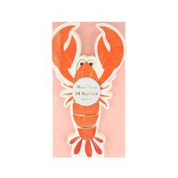 Packaged lobster napkins, clear cello packaging . Bright red lobster with gold foil details.