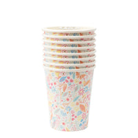 Magical princess party cup with whimsical flowers and leaves with gold foil details. Pack of 8 paper party cups for use with hot and cold beverages.Cups holds nine ounces.