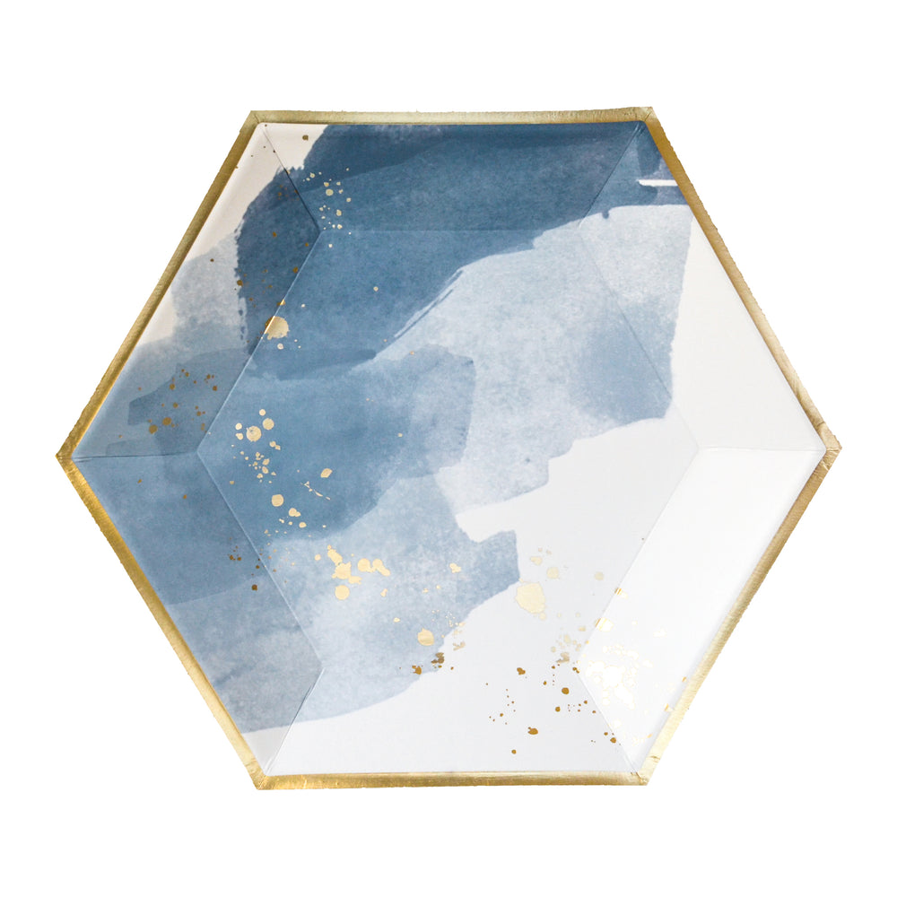 Blue watercolor plates inspired by the waves of California with splashes of gold and trim. Large dinner plate pack of 8