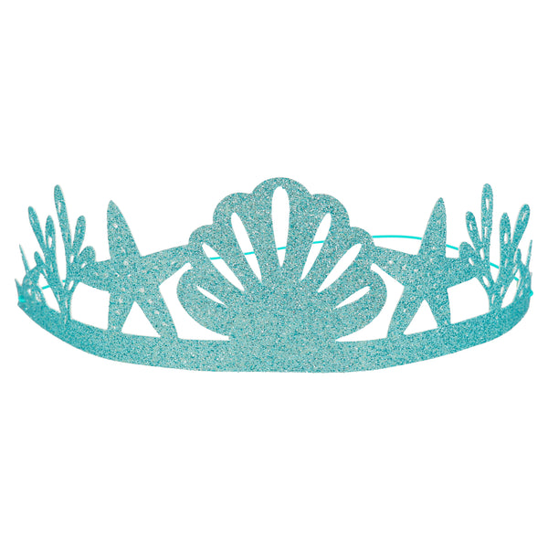 Mermaid crown made with aqua eco friendly paper and generously coated with aqua eco friendly glitter featuring seashell, starfish and sea plants