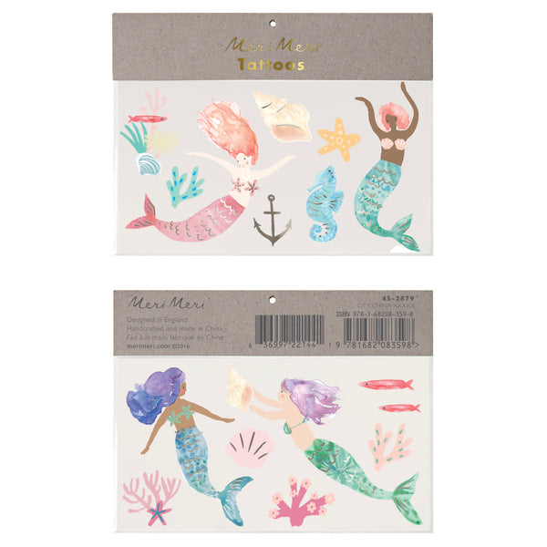 beautifully illustrated watercolored temporary tattoos featuring four mermaids, seahorse, starfish, seashells, fish, coral and anchor. Set of 2 sheets, perfect for a party activity or to stuff in a favor bag. For ages 3 plus years of age