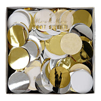 White tissue confetti with gold and silver mylar confetti in large one inch circles. High quality confetti packaged in a white box and clear top. perfect to add a touch of glitz to any event.