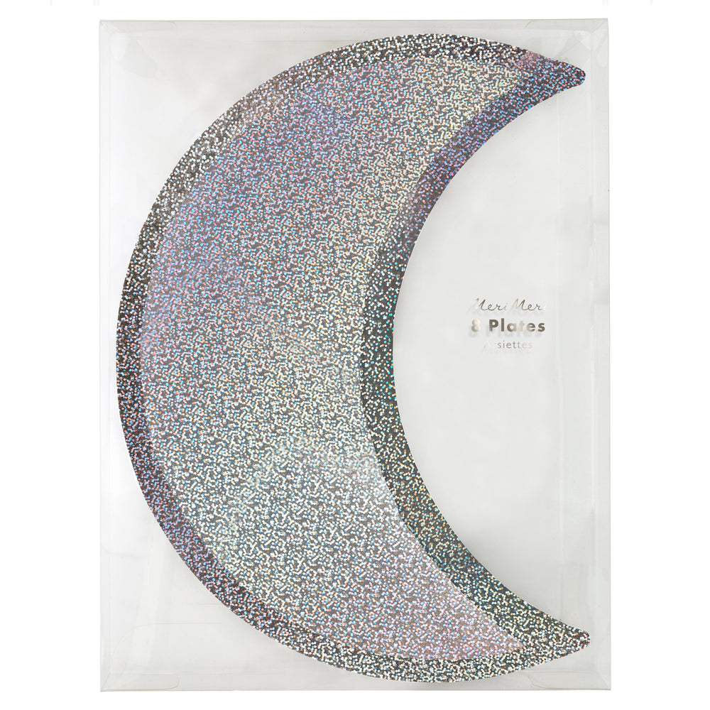Holographic crescent moon paper party plates. Pack of eight plates in a clear packaging. 