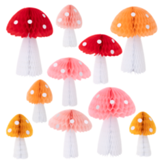 ten whimsical mushrooms per pack, made with the tissue paper honeycomb concept.  Orange, red, peach pink mushroom top with a white stock and white polka dots. Package in a white box made of eco-friendly paper.