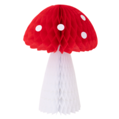  honeycomb toadstool mushroom with a red top and a bright white stem polka dots on cap