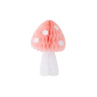 honeycomb paper toadstool mushroom with a white stem and polka dots