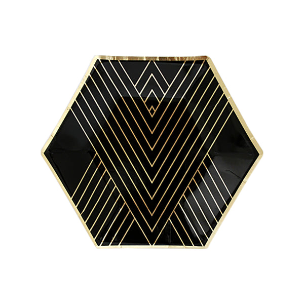 black with gold linear art deco style appetizer sized plates pack of eight plates
