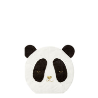 black and white napkins die cut into the shape of a panda bear with printed with a nose, smile and droopy eyes printed in shiny gold foil, matching plates and cups available
