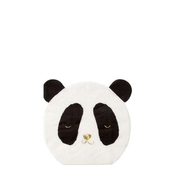 black and white napkins die cut into the shape of a panda bear with printed with a nose, smile and droopy eyes printed in shiny gold foil, matching plates and cups available