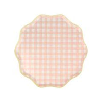 gingham print paper party plates in peach with a yellow border. Pack of twelve plates in four pastel colors. perfect for springtime celebrations.