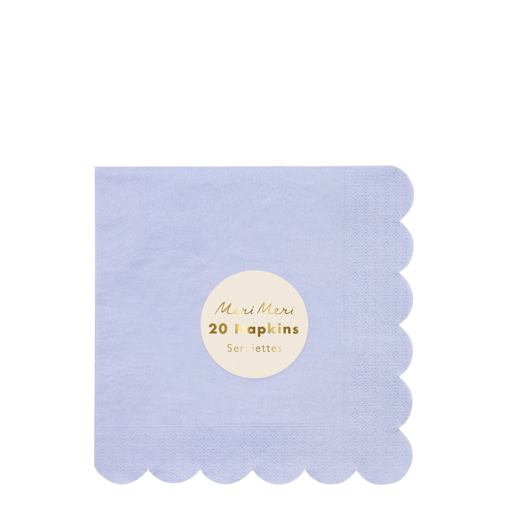 Sustainable paper party large napkins in periwinkle blue in a pack of 20 napkins. one hundred percent sustainable
