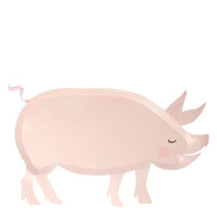 pink pig paper party plates die-cut into the shape of a pig with a rafia tail , rosy nose & cheek comes in a pack of twelve plates. Perfect with the On the Farm party theme collection