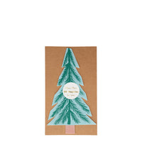 package of twenty paper napkins die-cut into the shape of a pine tree, perfect for any outdoor themed party or camping retreat. light green with a hunter green tree details and a brown tree trunk 
