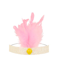 pink feather with a glitter headband with a yellow jewel  sold in a set of eight headbands in four assorted colors 