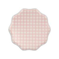 gingham print plates in pink with a blue border . Pack of twelve plates in four pastel colors, blue, pink, peach and yellow. 