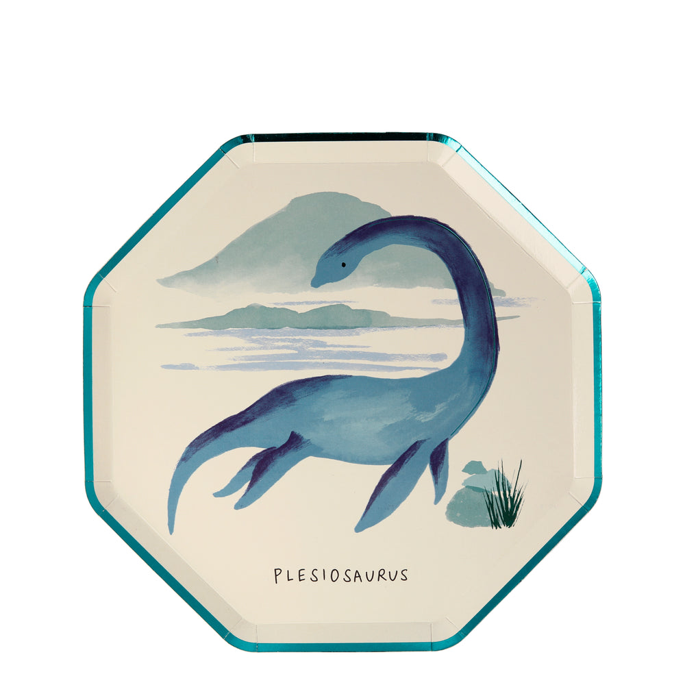 Plesiosaurs plates in appetizer and desert size. Pack of eight includes eight different dinosaur designs
