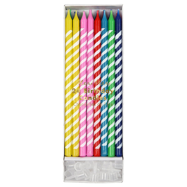 set of twenty-four tall candles in six different designs, all decorated with brilliant stripes Pack of twenty four in six colors candle height-5.75 inches