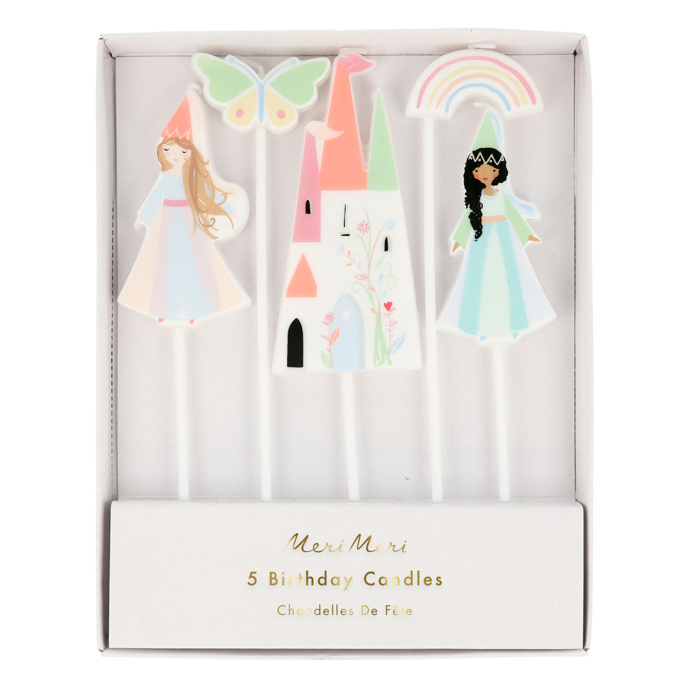 Princess candles for cake and cupcakes. Set of five candles in five designs, includes two princesses, 1 castle , butterfly and rainbow. High quality candles.