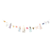 Gorgeous princess garland featuring a magical castle at center, four beautiful princesses, unicorn, swan, hearts and flowers highlighted with shiny gold foil details. 