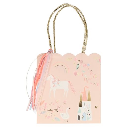Princess party bag with a whimsical illustration including a unicorn, castle, swan, rainbow and flowers and gold foil details