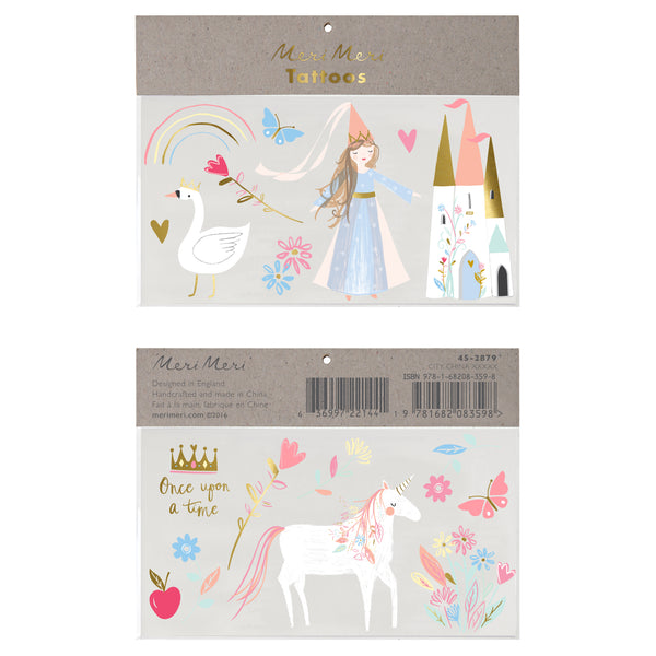 Once upon a time themed temporary tattoos features a pretty princess, swan, castle and unicorn adorned with flowers and highlighted with gold foil details. Great as a party activity or as party bag favors.