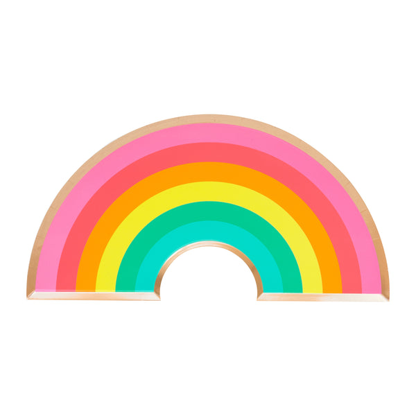 Bright rainbow shaped plates includes pink red orange yellow green and aqua with a gold foil trim border in a set of eight paper party plates