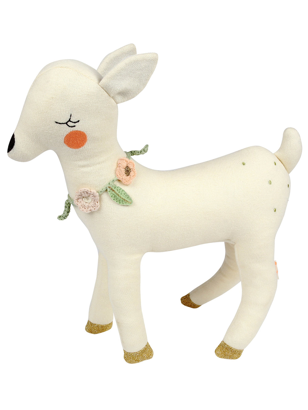 Blossom a baby toy deer made from knitted organic cotton with adorable stitched features, gold hooves and a beautiful crochet flower necklace Product dimensions: 13.5 x 13.75 inches