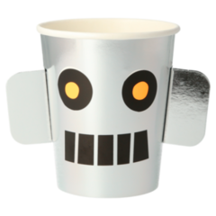 robot paper party cups made with shiny silver FSC sustainable paper, big round eyes , five rectangle blocks creates the robots mouth and three dimensional silver robot ears. for use with both hot and cold beverages, 9 ounces.