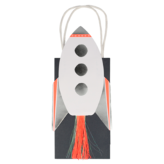 space themed party and favor bags, navy blue with a white rocket ship with shiny silver and neon orange details including neon coral and iridescent thread for flames, perfect for favors. pack of eight 4.25 x 7.75 x 2.5 inches. 