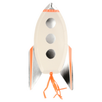rocket ship shaped plates in white with shiny silver, neon orange and raffia for flame details. These plates are perfect for space themed party . pack of eight plates. Made of Eco Friendly Paper, 6.5 inches wide by 12.5 inches long