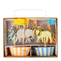 Charming cupcake kit featuring lions, tigers, elephants, flamingos and a small turtle wearing a golden crown. This safari animal collection includes striped baking cases. Kit includes twenty-four toppers and  twenty four cases