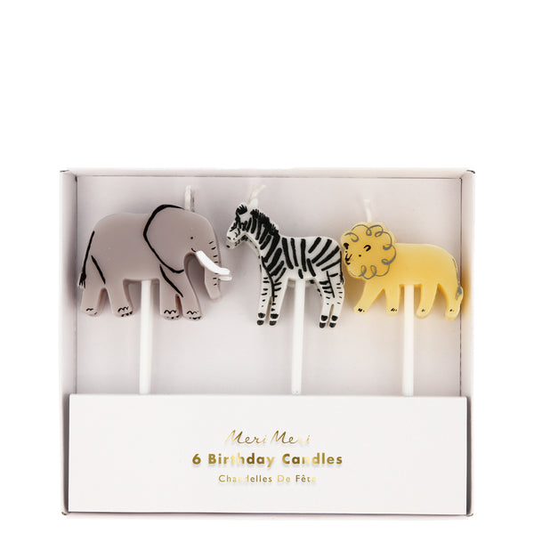 Safari animal candles in a set of six candles, two elephants, two zebras and two lions.