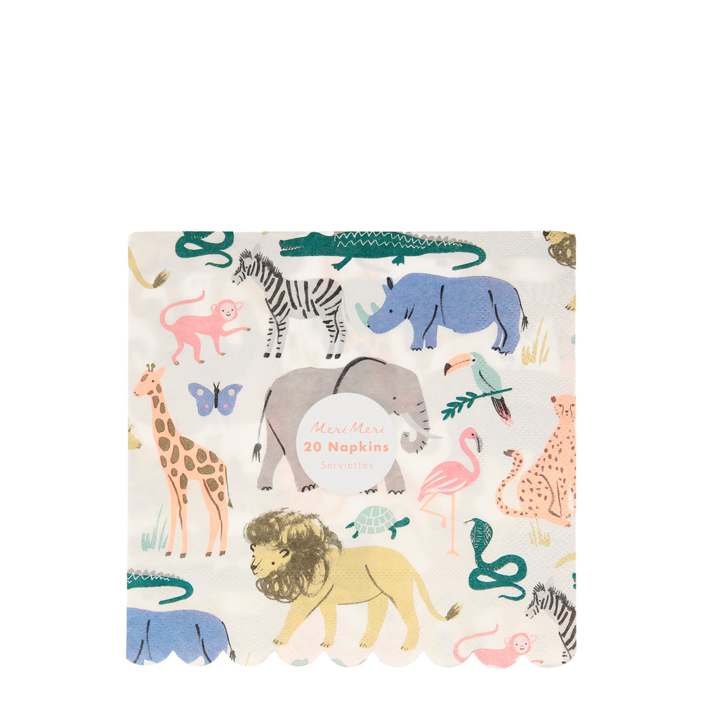 safari print napkins featuring beautifully illustrated animals including elephants, cheetahs, rhinos, snakes. lions, kangaroos, toucan, zebra and more. sold in a pack of 20 large lunch paper party napkins